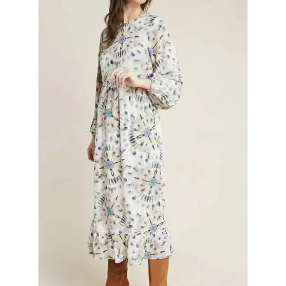 Anthropologie X Kachel Chiara Ruffle Long Sleeve Watercolor Midi Dress 6 (UK 10) - Picture 4 of 16